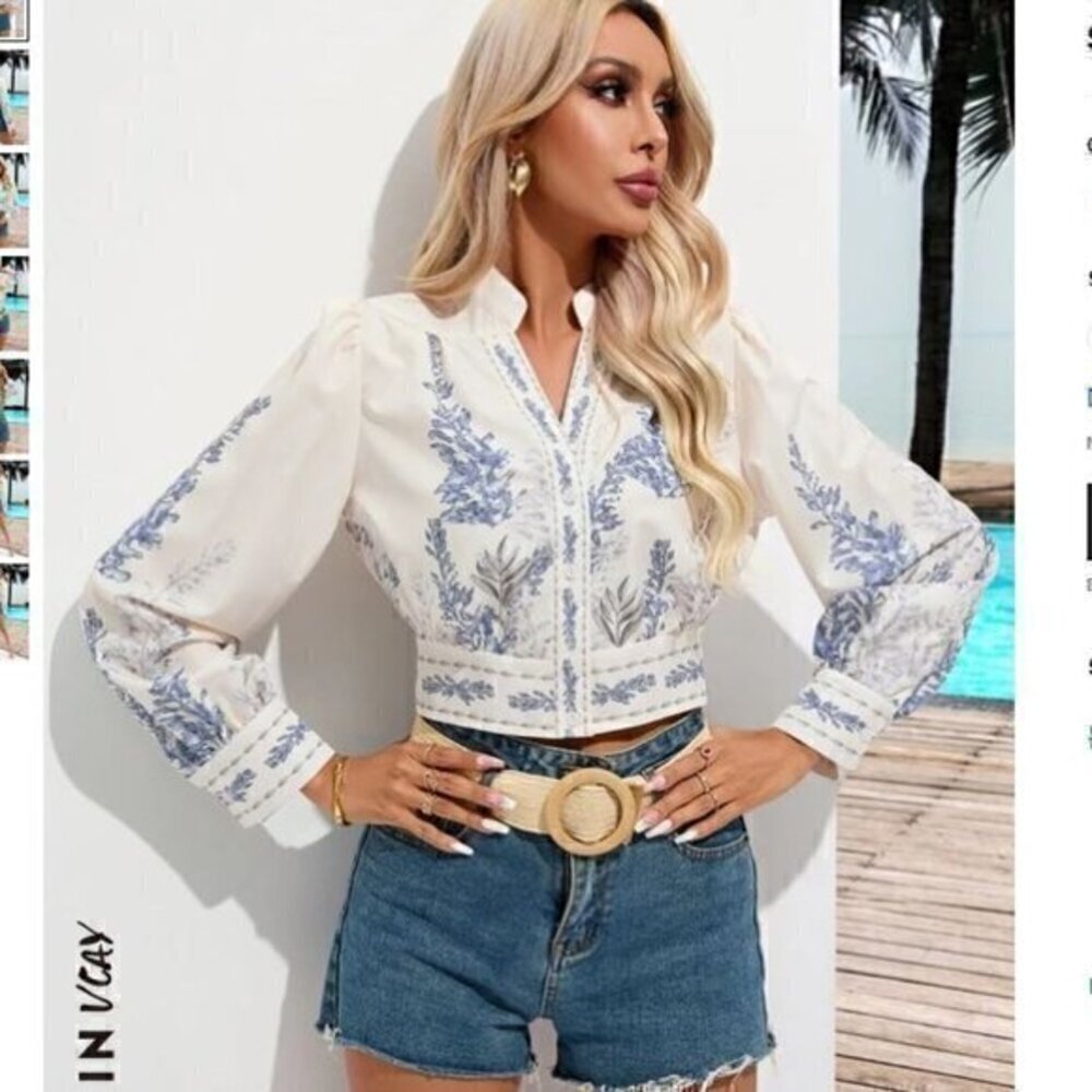 SHEIN VCAY Floral Print Cropped Button Front Shirt womens size medium - Picture 1 of 4